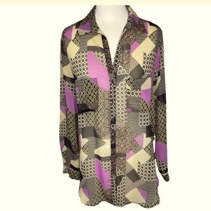 Pleione / Anthropologie Black Multi Patchwork Semi Sheer Button Down Blouse